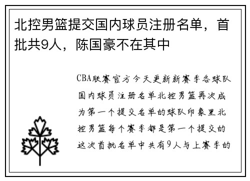 北控男篮提交国内球员注册名单，首批共9人，陈国豪不在其中